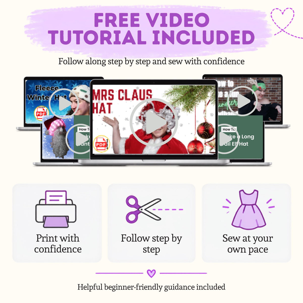 Free video tutorials included for every holiday hat pattern, sew along at your own pace