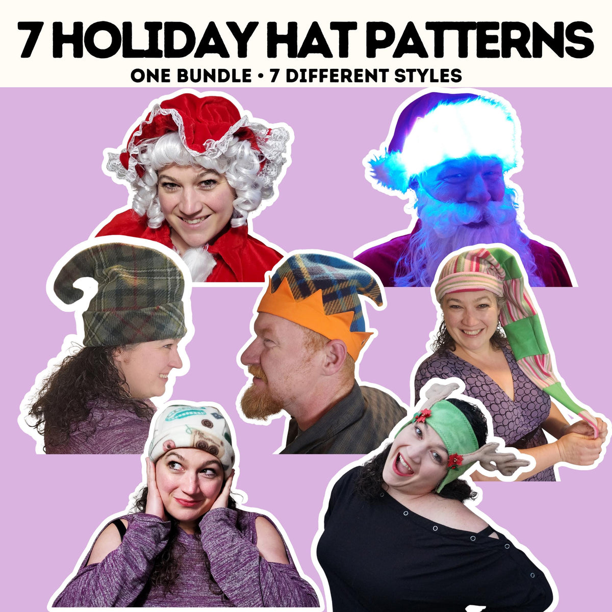 7 holiday hat sewing patterns bundle: Mrs Claus hat, light-up Santa hat, three elf hats, winter cap and antler headband