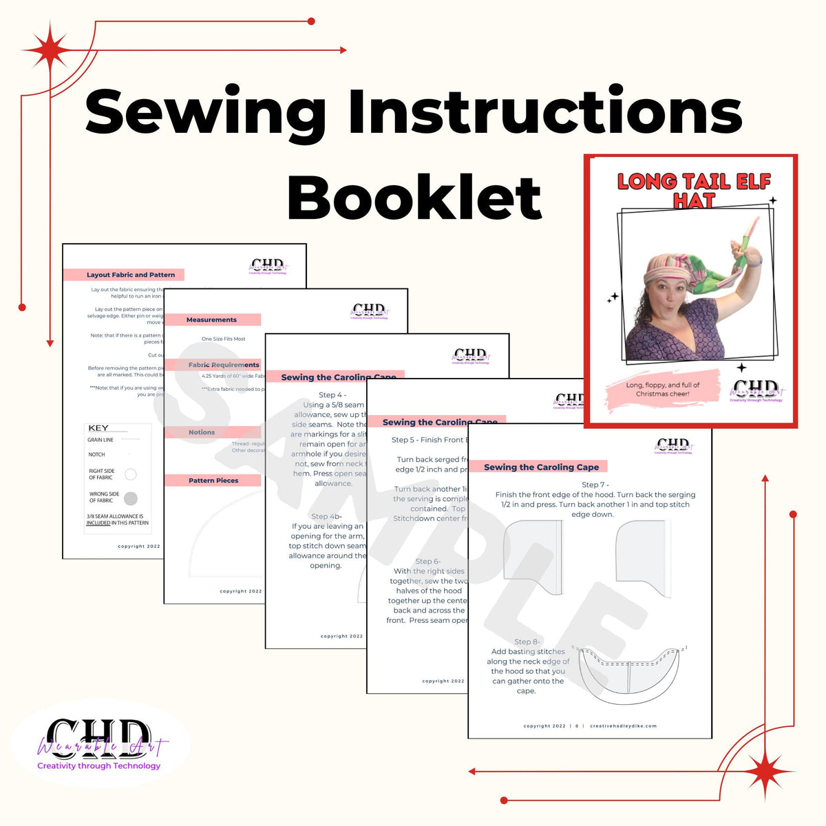 Sewing instructions booklet pages for the long tail elf hat pattern