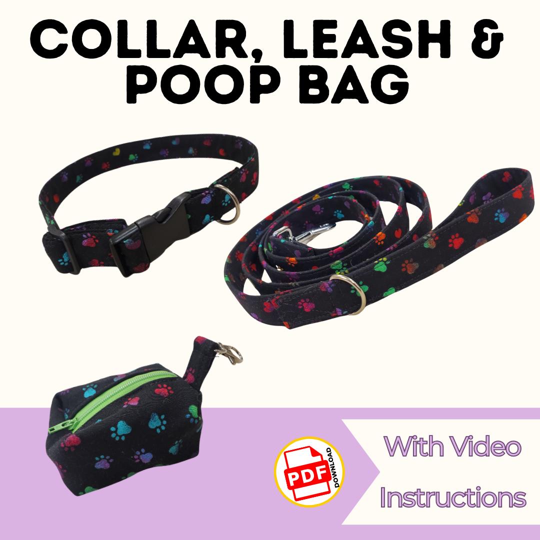 Dog collar, leash and poop bag holder sewing pattern bundle in black fabric with rainbow paw prints, with video instructions