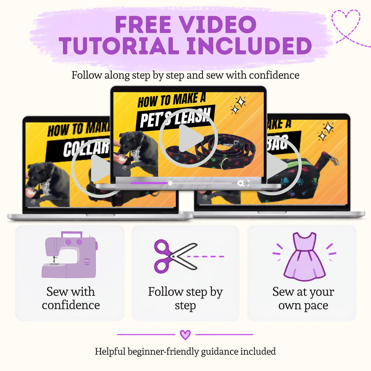 Free video tutorials for making a pet collar and leash, sew along step by step