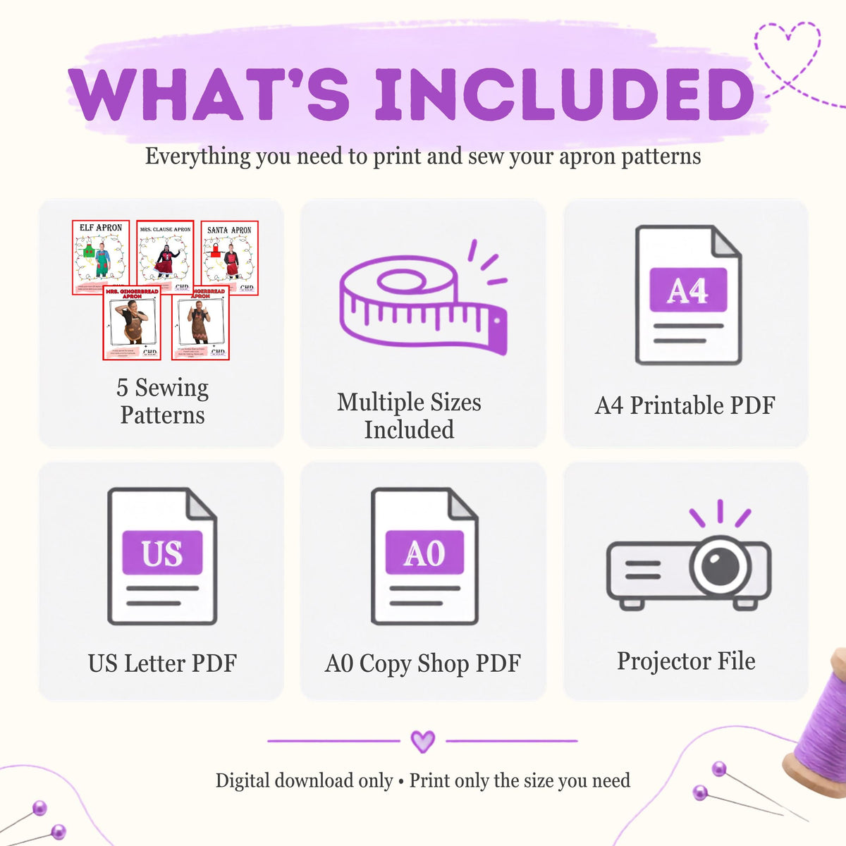 What's included in the apron bundle: 5 patterns, multiple sizes, A4, US Letter, A0 and projector files