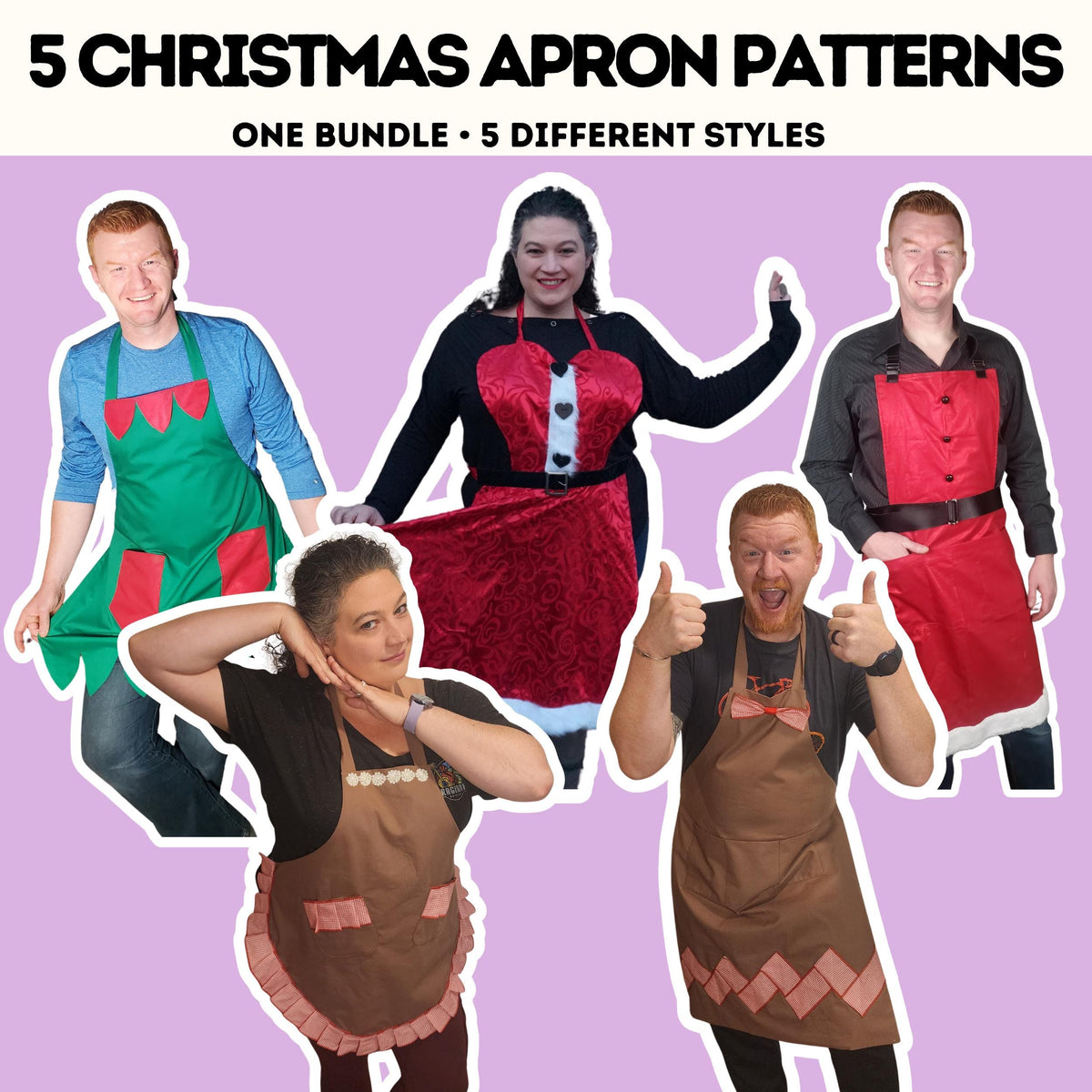 5 Christmas apron sewing patterns bundle: elf, Santa, Mrs Claus, gingerbread and Mrs gingerbread aprons modeled