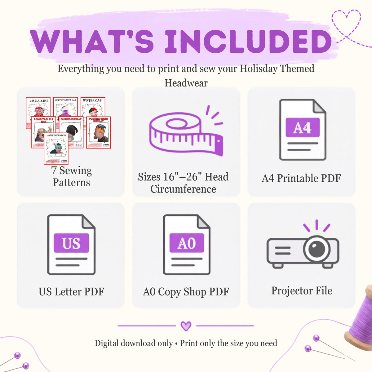 What's included in the holiday hat bundle: 7 patterns, sizes 16 to 26 inch head, A4, US Letter, A0 and projector files