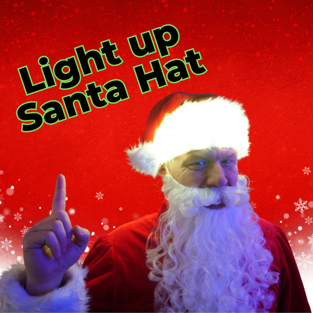 Man dressed as Santa wearing the glowing light-up Santa hat on a red background
