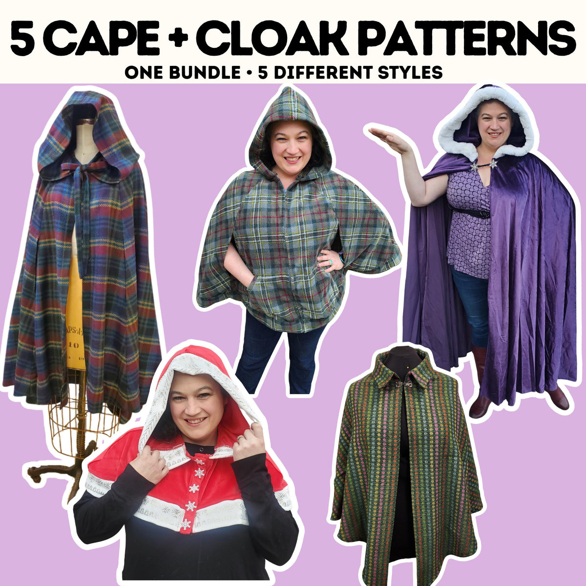 5 cape and cloak sewing patterns bundle: caroling cape, hoodie capelet, cozy cape, Mrs Claus capelet and circle cape