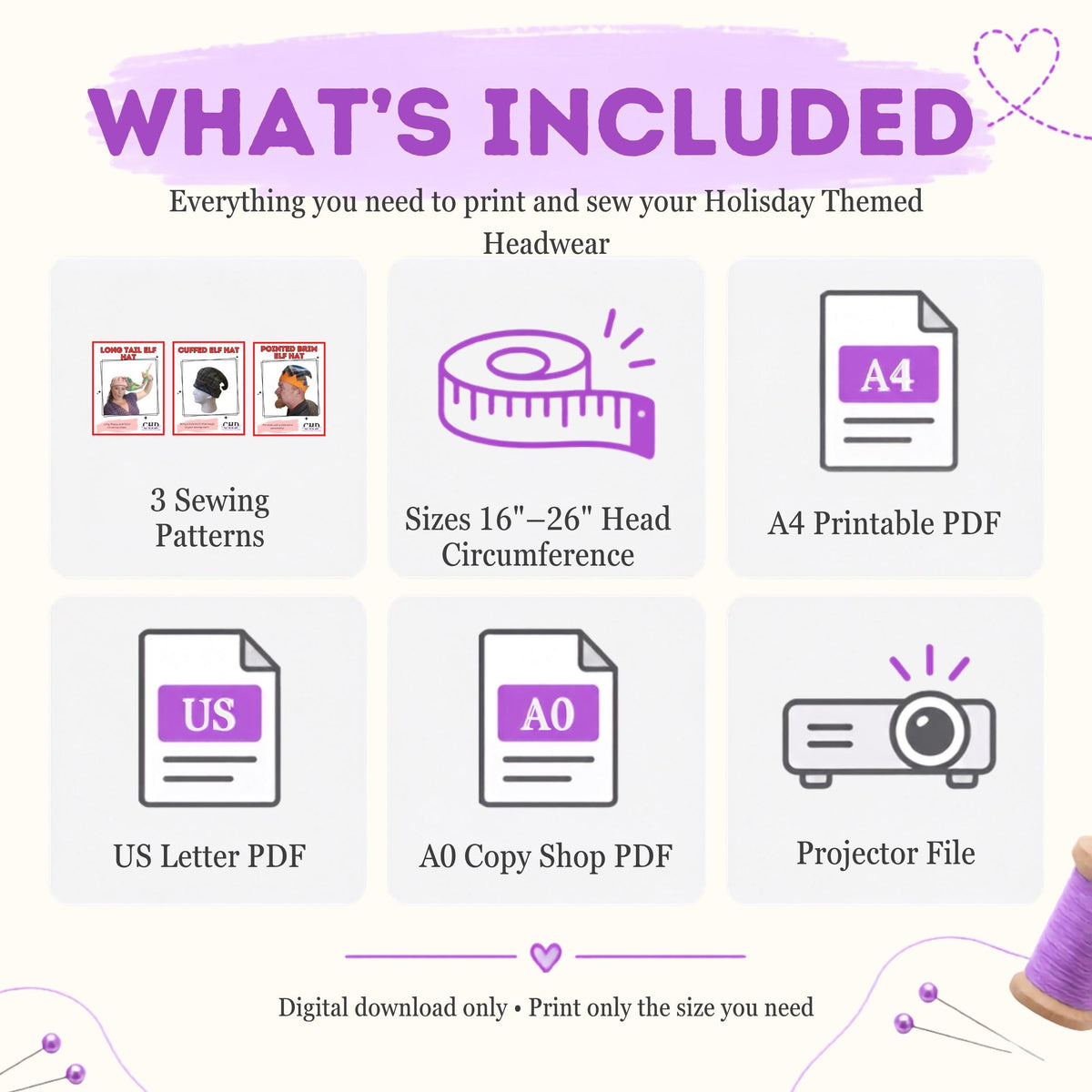 What's included in the elf hat bundle: 3 patterns, sizes 16 to 26 inch head, A4, US Letter, A0 and projector files
