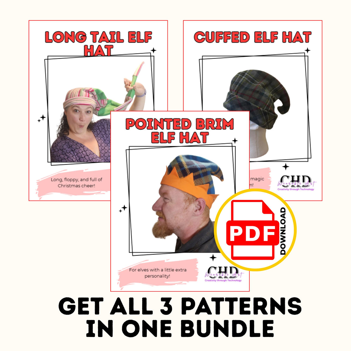 Get all 3 elf hat patterns in one bundle: long tail, cuffed and pointed brim elf hat PDF pattern covers