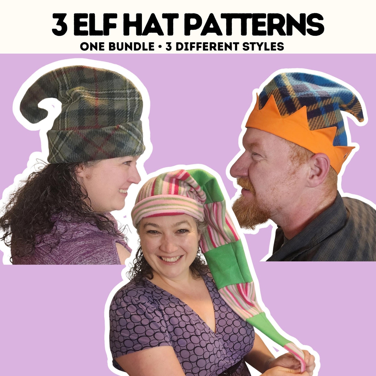 3 elf hat sewing patterns bundle: long tail, pointed brim and classic cuffed elf hats worn by a woman and man