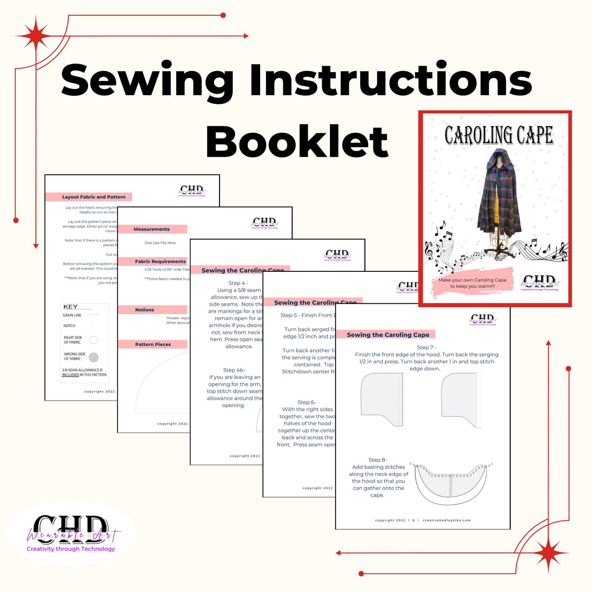 Sewing instructions booklet pages for the caroling cape pattern by Creative HadleyDike