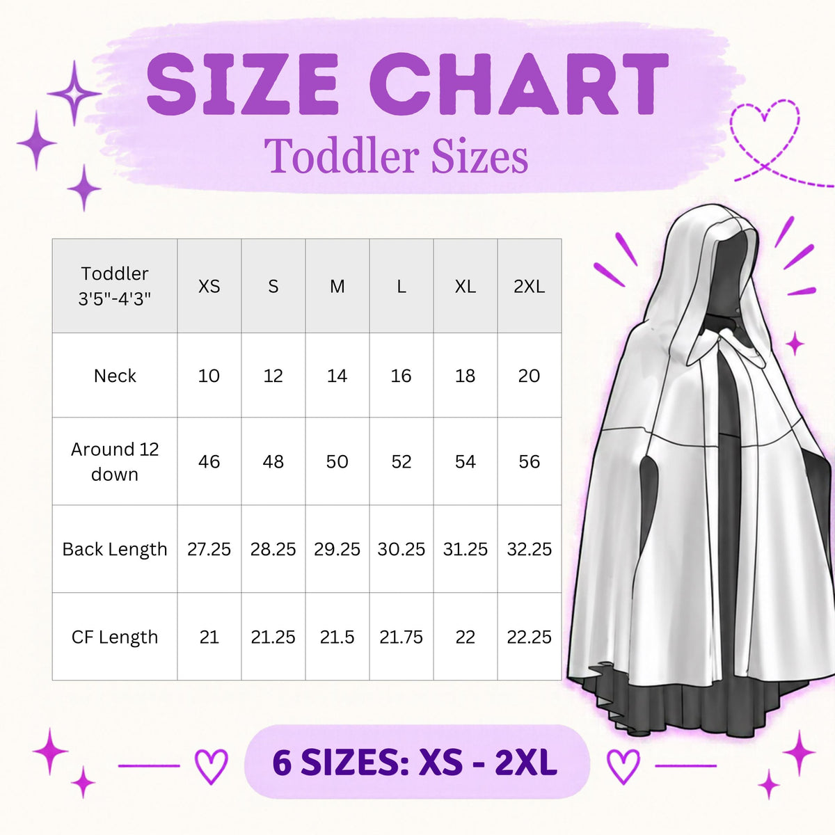 Toddler hooded cape size chart with neck, hem circumference, back length and center front length for sizes XS to 2XL