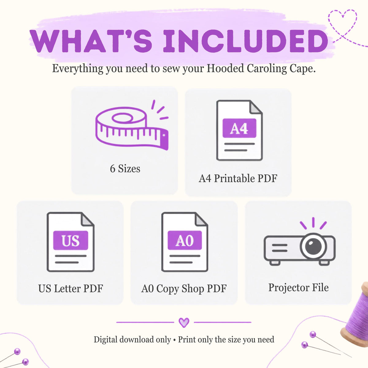 What's included in the hooded cape pattern: 6 sizes, A4 PDF, US Letter PDF, A0 copy shop PDF and projector file