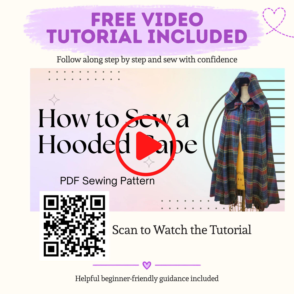 Free video tutorial for sewing a hooded cape with a QR code to watch the sew-along