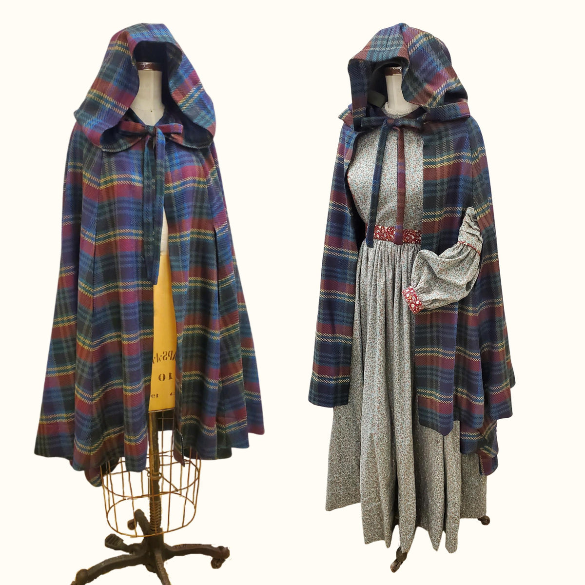 Plaid hooded cape on a dress form shown open and closed over a prairie dress