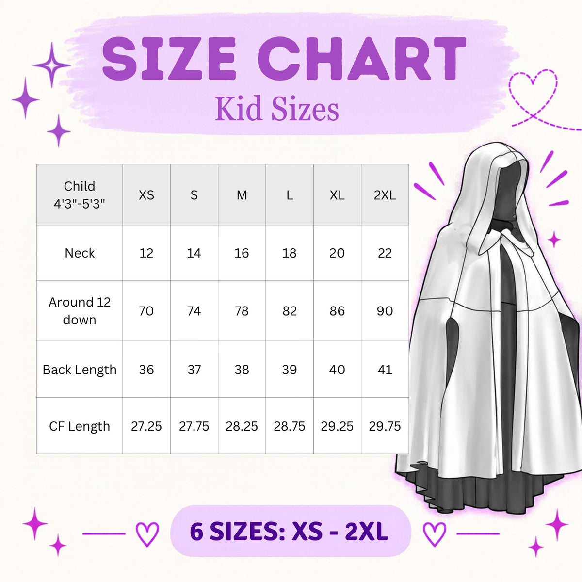 Kid hooded cape size chart with neck, hem, back length and center front length for sizes XS to 2XL