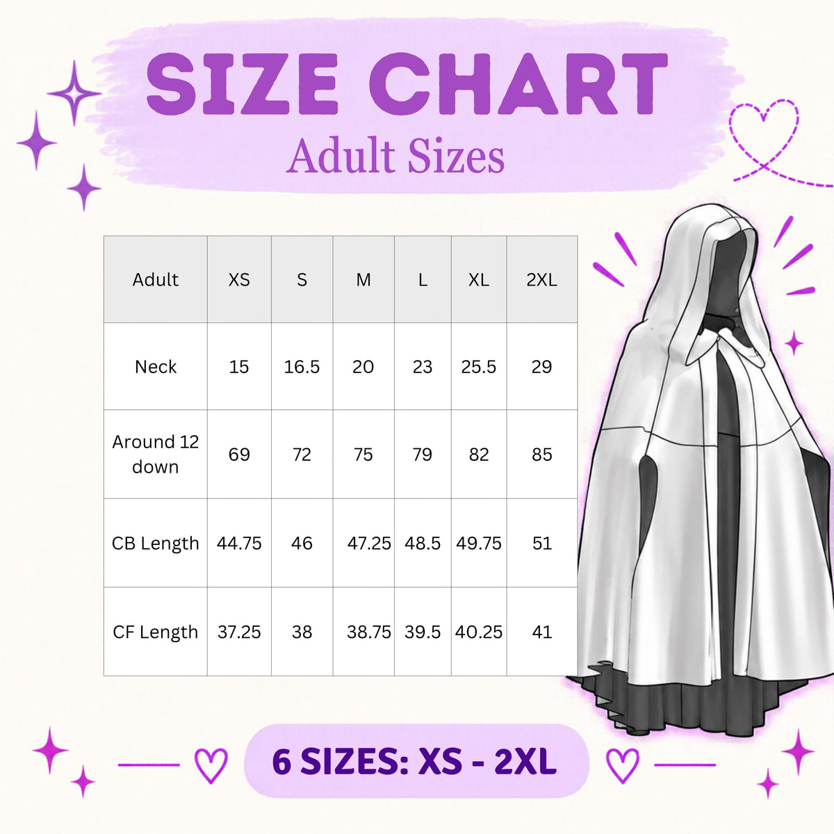 Adult hooded cape size chart with neck, hem, center back and center front length measurements for sizes XS to 2XL