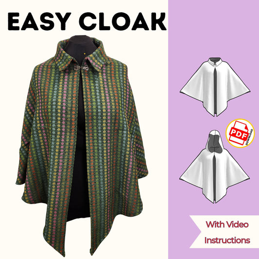 Easy cloak sewing pattern cover with a green striped collared cape on a dress form, collar and hood options, with video