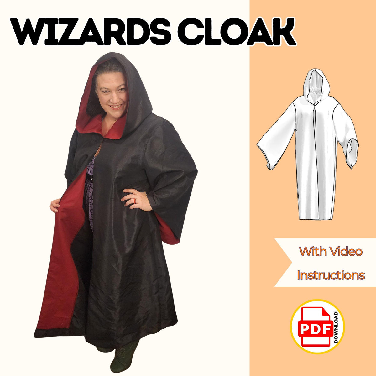 Wizard robe sewing pattern cover showing a woman in a black hooded wizard cloak with red lining and bell sleeves, with flat sketch, video instructions, PDF download