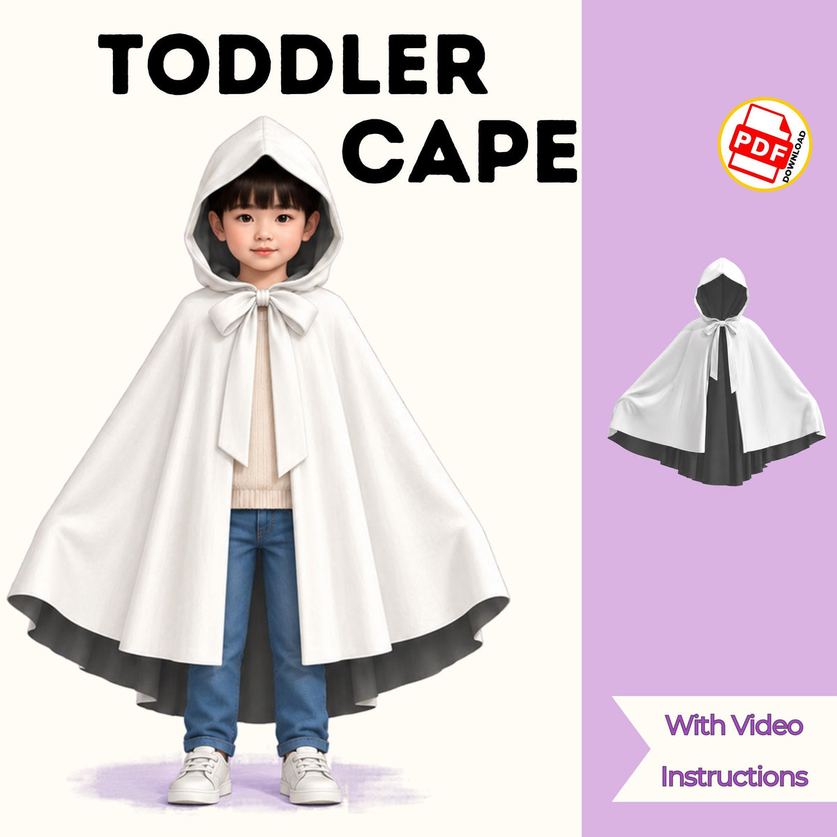 Toddler cape sewing pattern cover showing a small child in a white hooded cape and jeans, with video instructions
