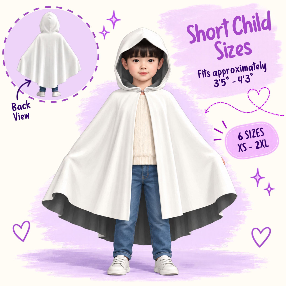 Toddler wearing a white hooded cape, short child sizes for heights about 3'5" to 4'3", with back view