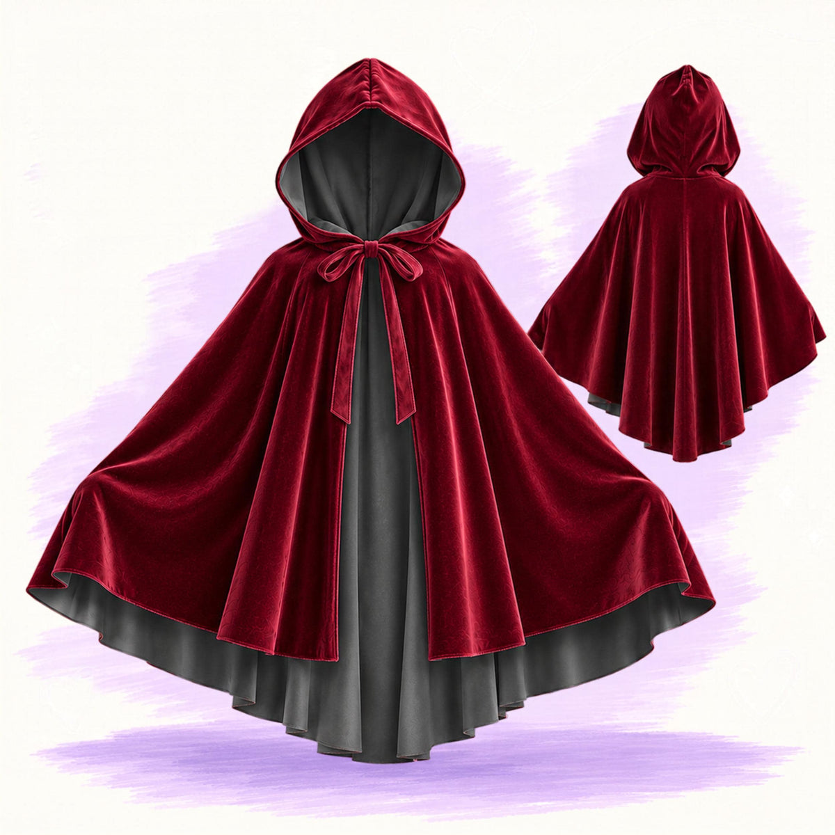 Red velvet hooded cape with black lining and front ties, front and back views