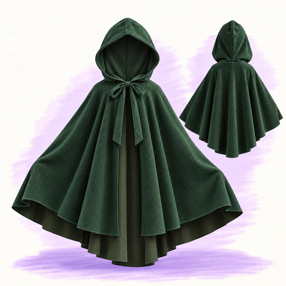 Green hooded cape with front ties shown from the front and back, made from the child hooded cloak pattern