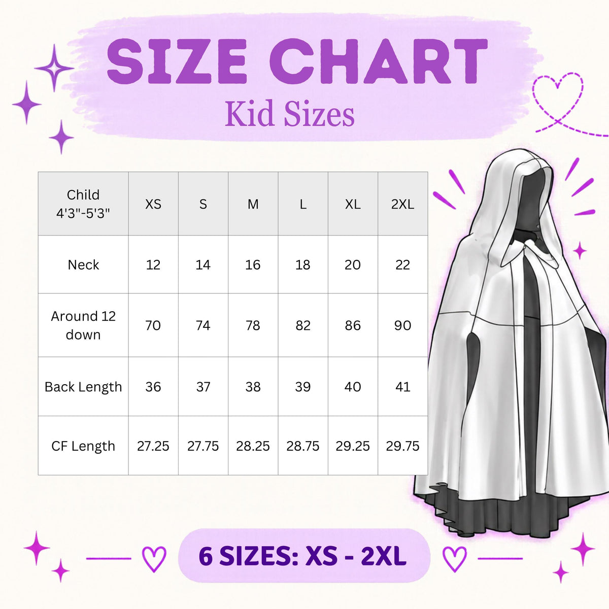 Kid hooded cape size chart with measurements for sizes XS to 2XL next to a hooded cape illustration