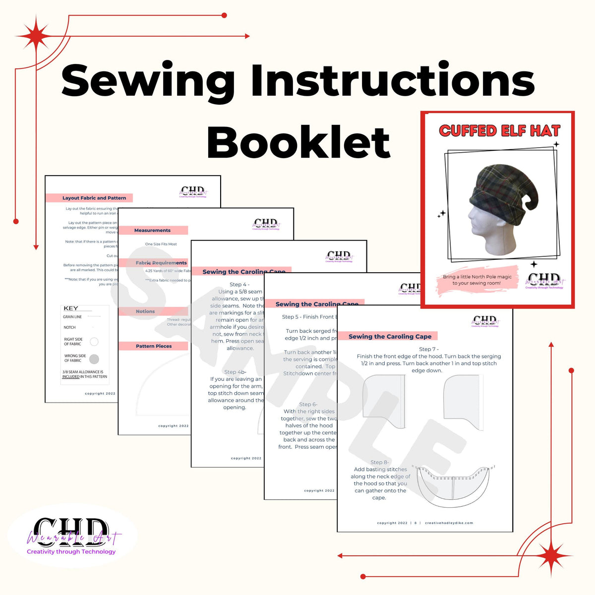 Sewing instructions booklet for the cuffed elf hat PDF pattern, showing sample step-by-step pages with diagrams beside the booklet cover