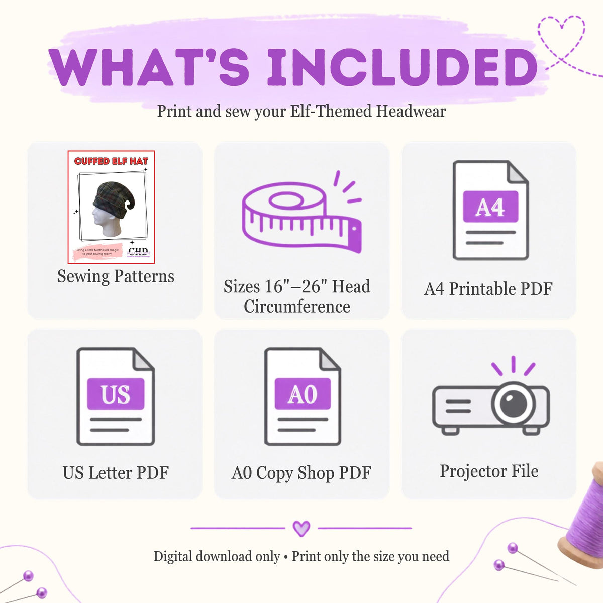 What's included in the cuffed elf hat pattern: sewing pattern, sizes 16 to 26 inch head circumference, A4, US letter, A0 copy shop PDF and projector file