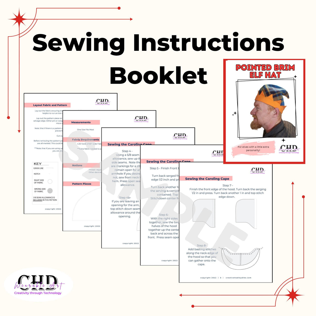 Sewing instructions booklet for the pointed brim elf hat PDF pattern, showing sample step-by-step pages with diagrams and the booklet cover