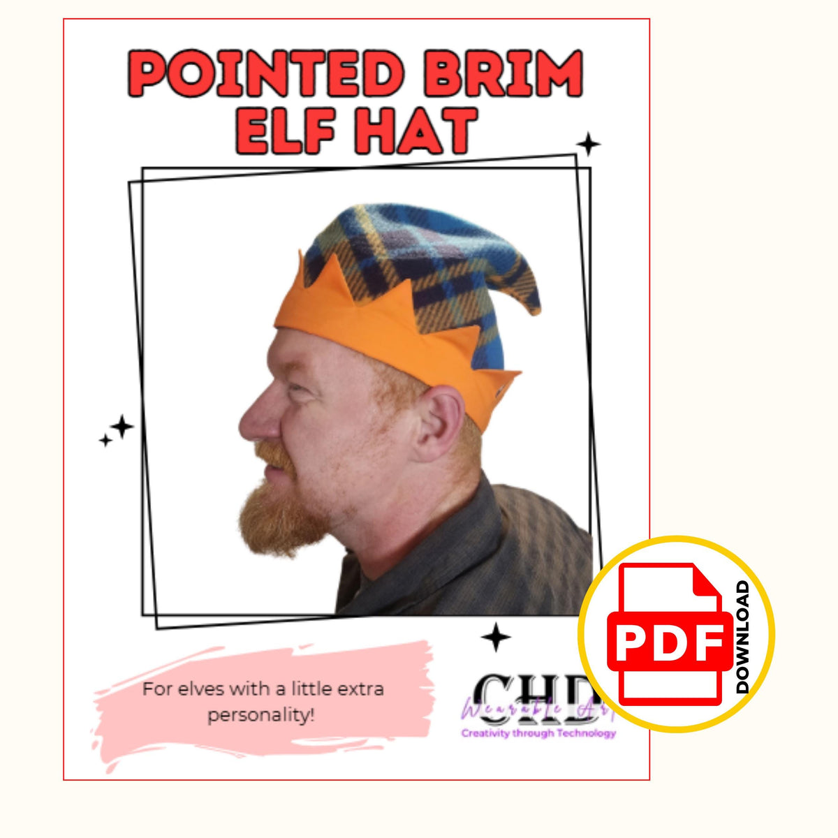 Pointed brim elf hat pattern cover page with a side view of a man wearing the plaid fleece elf hat with orange pointed brim, for elves with a little extra personality