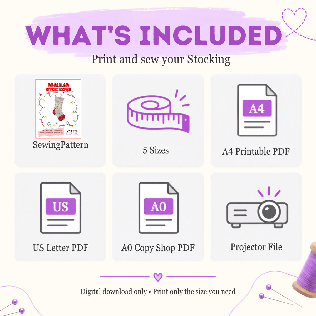 What's included graphic for the classic stocking pattern: 5 sizes, A4 and US letter PDFs, A0 copy shop file and projector file