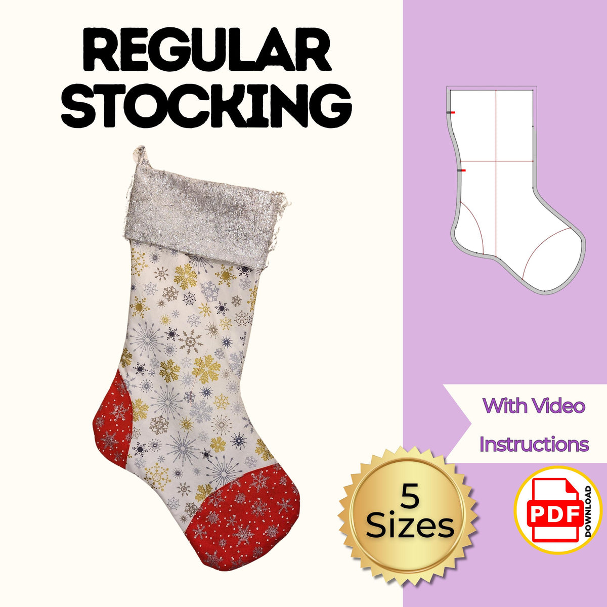 Classic cuffed Christmas stocking sewing pattern cover with a snowflake print stocking, silver cuff and red heel and toe, 5 sizes, video instructions, PDF download