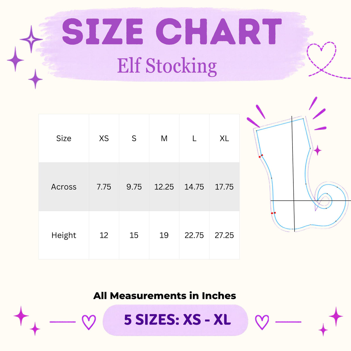 Elf stocking size chart, XS to XL, 7.75 to 17.75 inches across and 12 to 27.25 inches tall