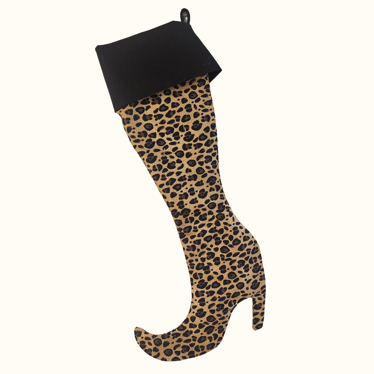 Finished leopard print high heel boot Christmas stocking with a black velvet cuff and hanging loop