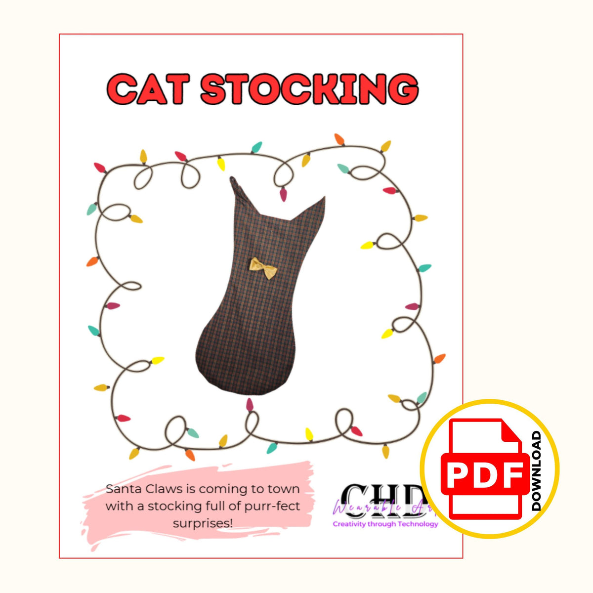 Cat stocking pattern cover page with the plaid cat stocking framed by Christmas lights