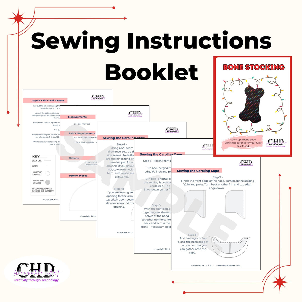 Sample pages from the illustrated sewing instructions booklet for the dog bone stocking pattern