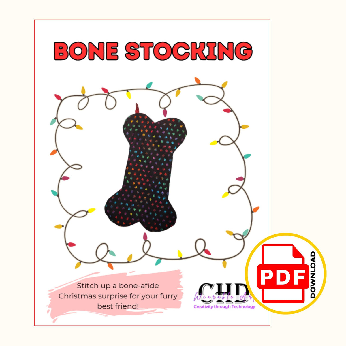 Bone stocking pattern cover page with the paw print bone stocking framed by Christmas lights