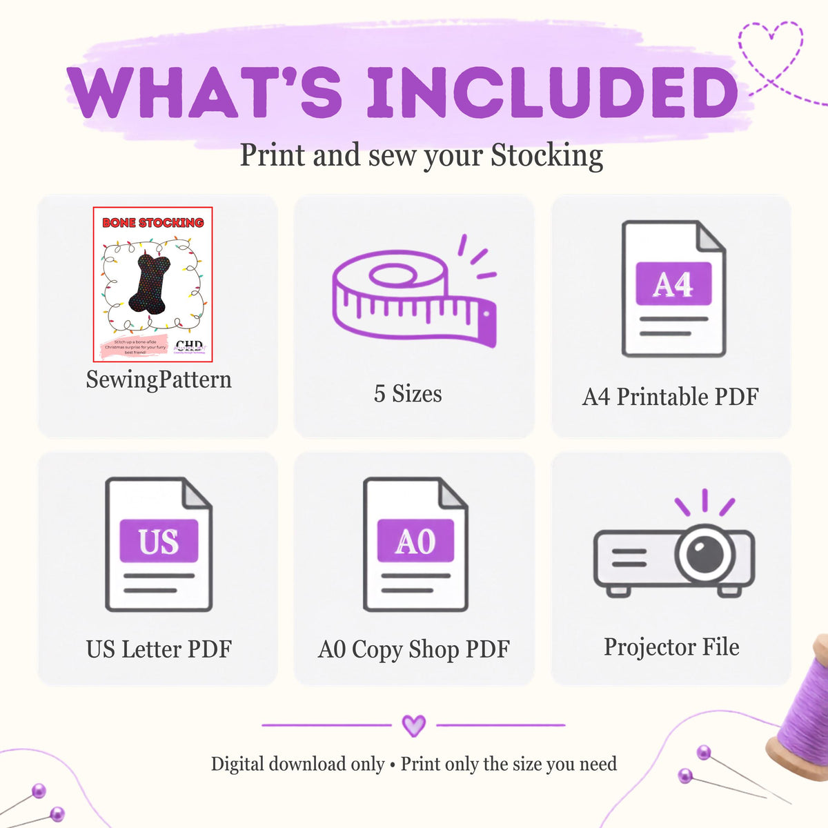 What's included graphic for the dog bone stocking pattern: 5 sizes, A4 and US letter PDFs, A0 copy shop file and projector file