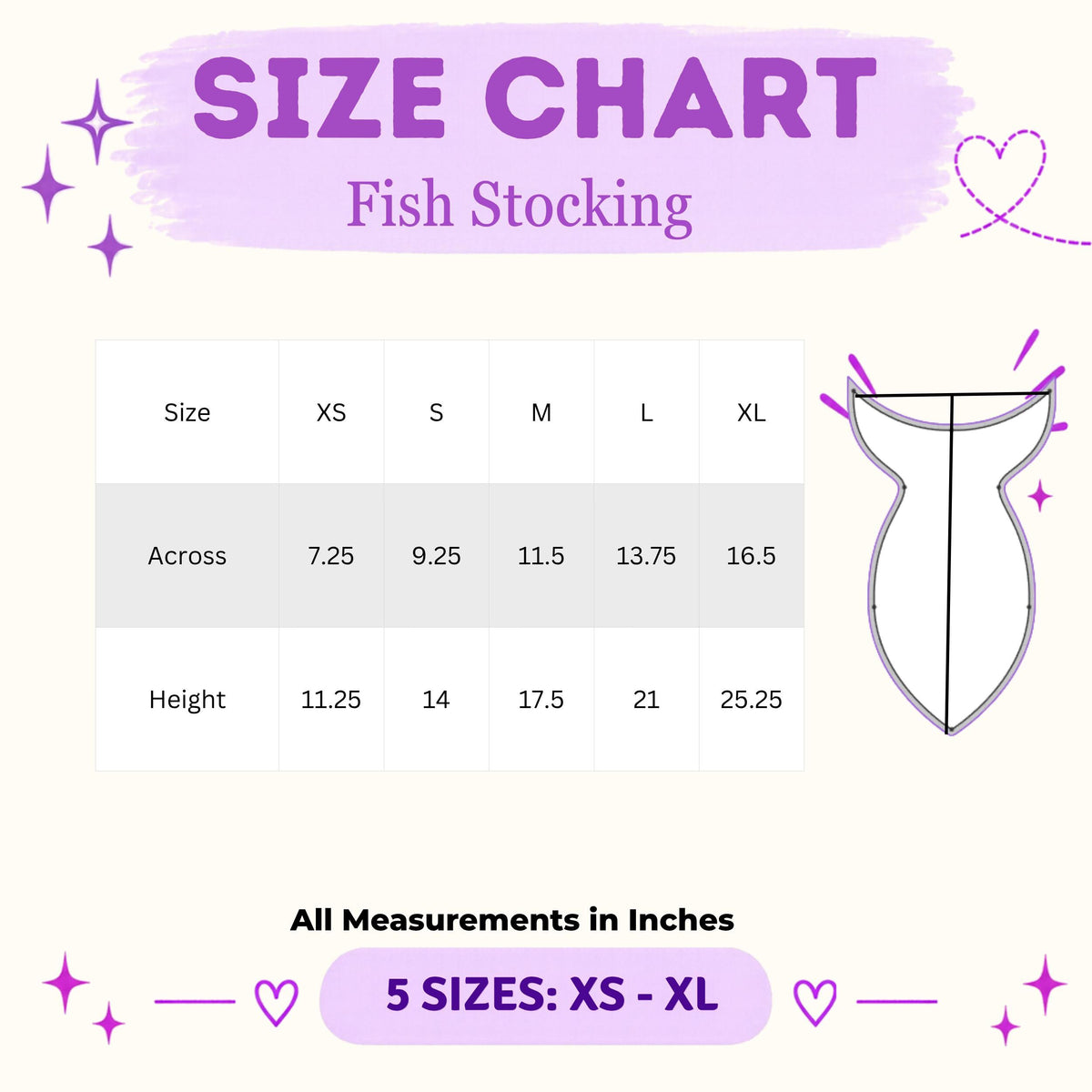 Fish stocking size chart, XS to XL, 7.25 to 16.5 inches across and 11.25 to 25.25 inches tall