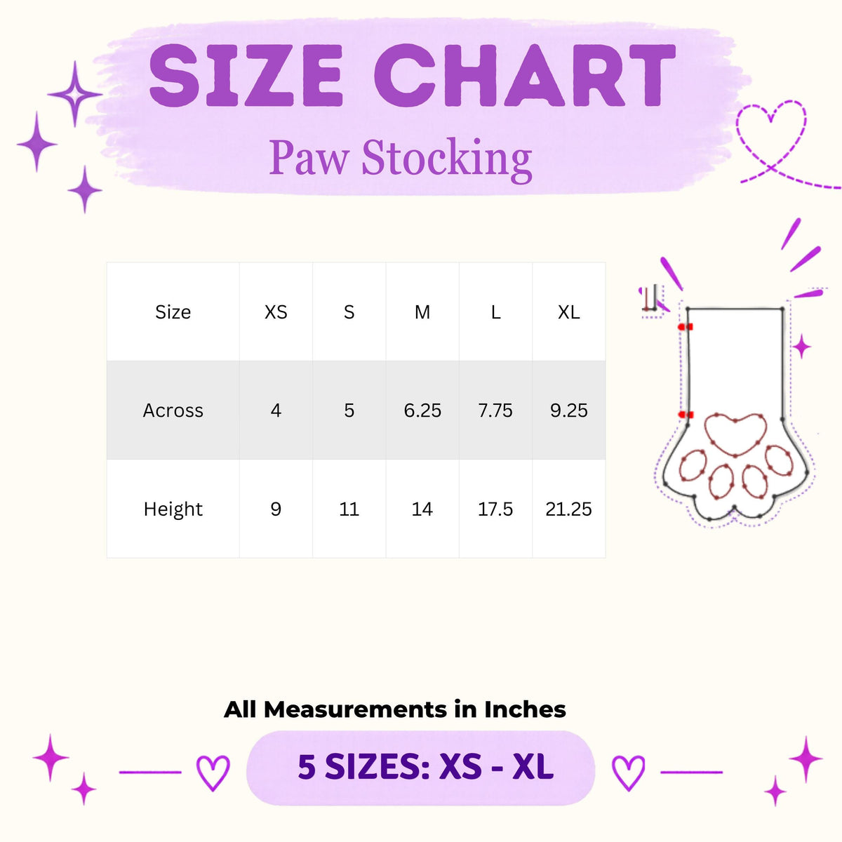 Paw stocking size chart, XS to XL, 4 to 9.25 inches across and 9 to 21.25 inches tall