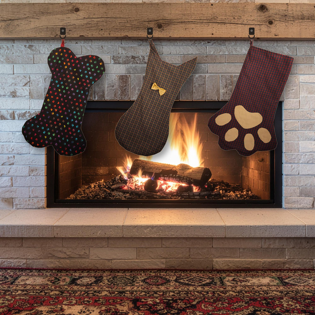 Dog bone, cat and paw print stockings hanging on a fireplace mantel