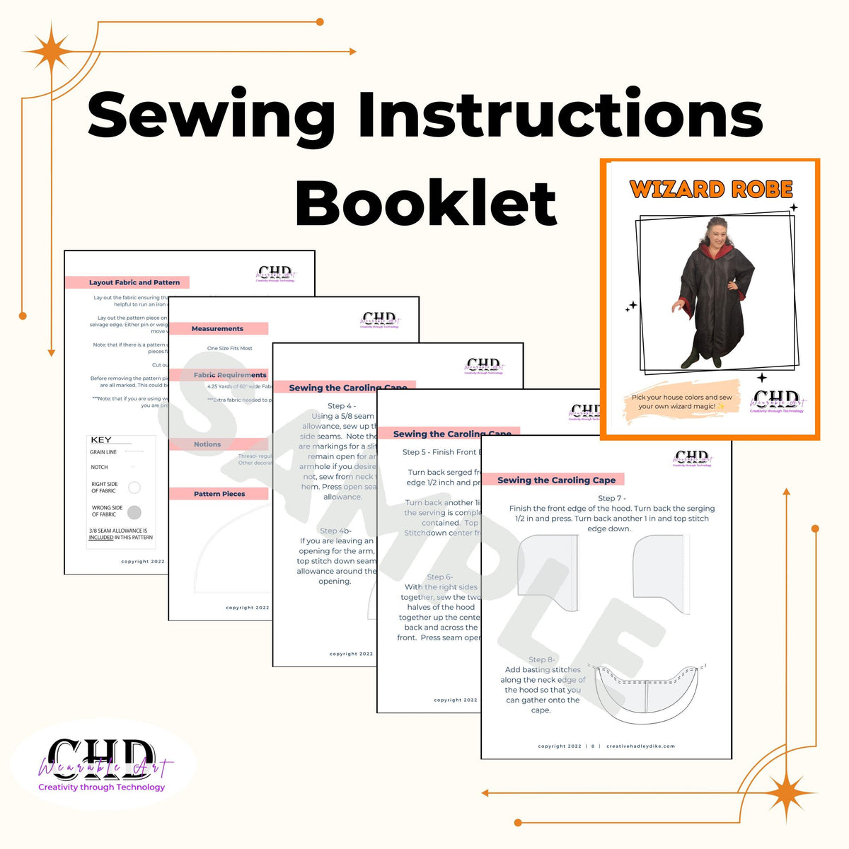 Sewing instructions booklet for the wizard robe pattern, showing sample step-by-step pages with diagrams beside the wizard robe cover