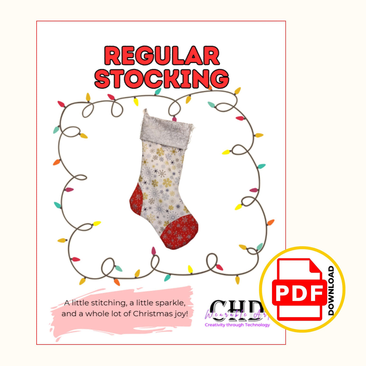 Regular stocking pattern cover page with the snowflake stocking framed by a string of Christmas lights