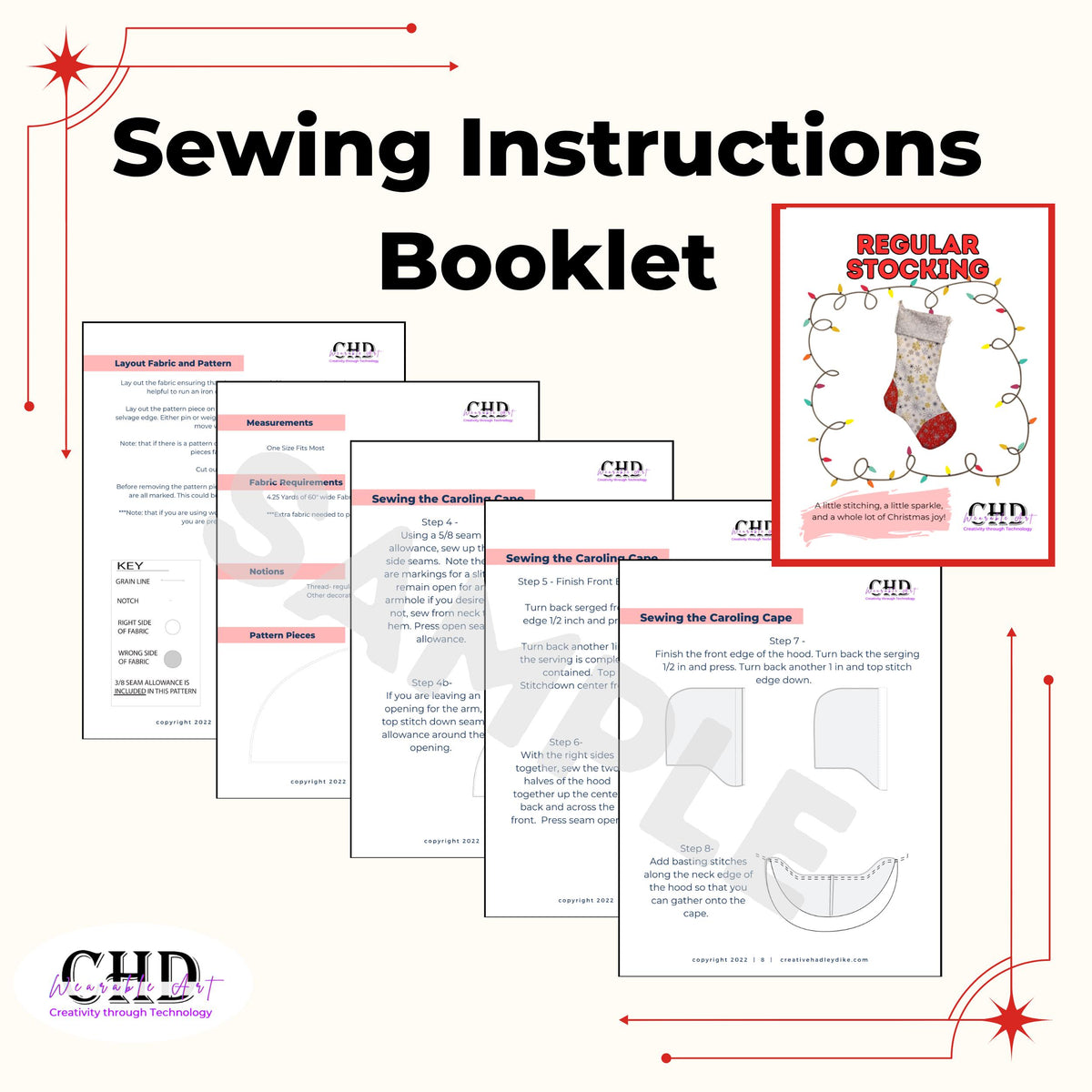 Sample pages from the illustrated sewing instructions booklet for the classic Christmas stocking