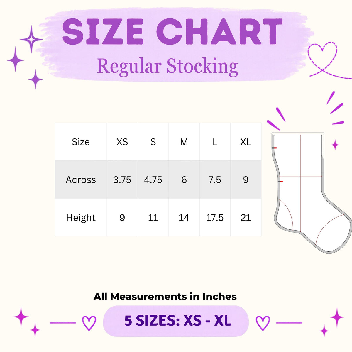 Classic Christmas stocking size chart, XS to XL, 3.75 to 9 inches across and 9 to 21 inches tall
