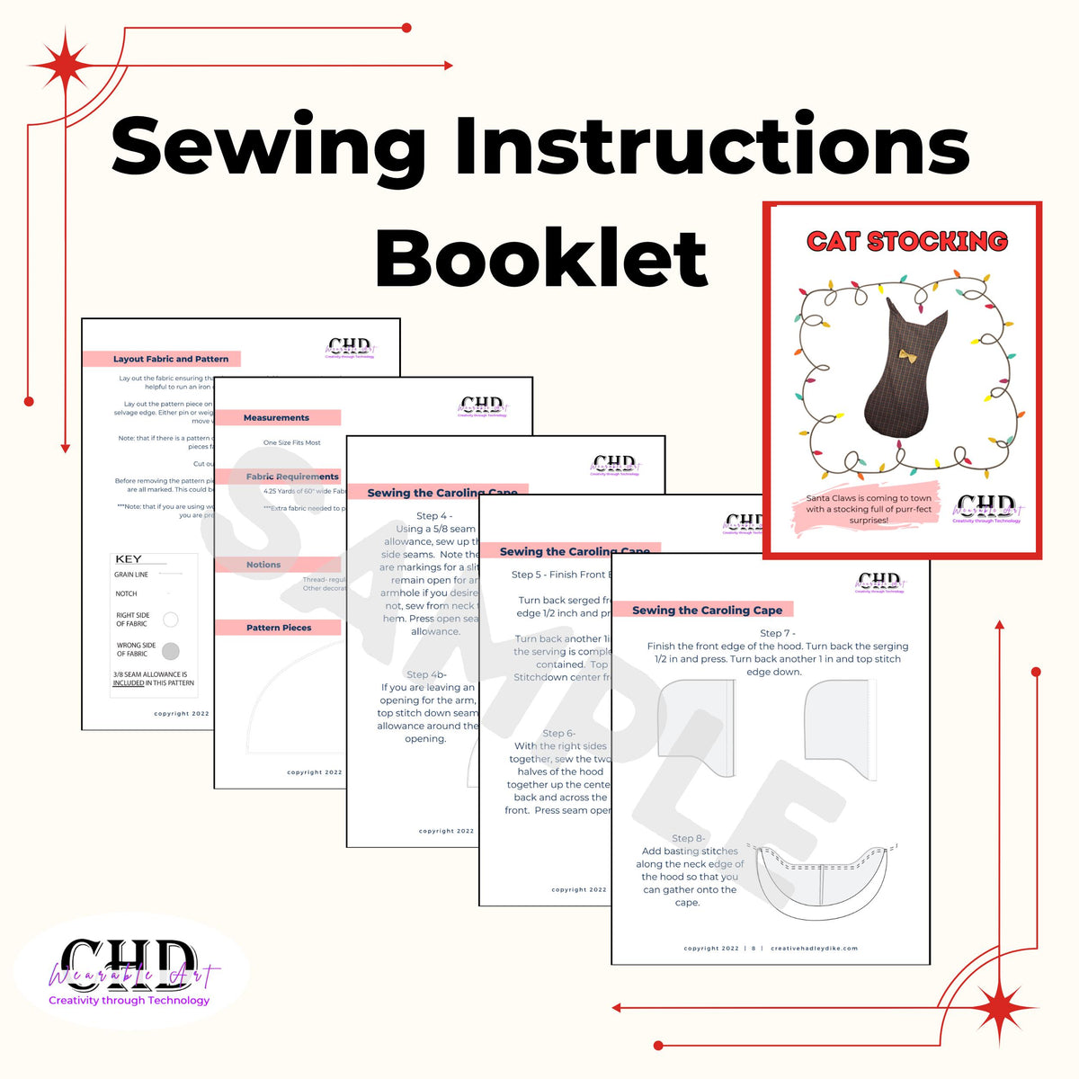 Sample pages from the illustrated sewing instructions booklet for the elf stocking pattern