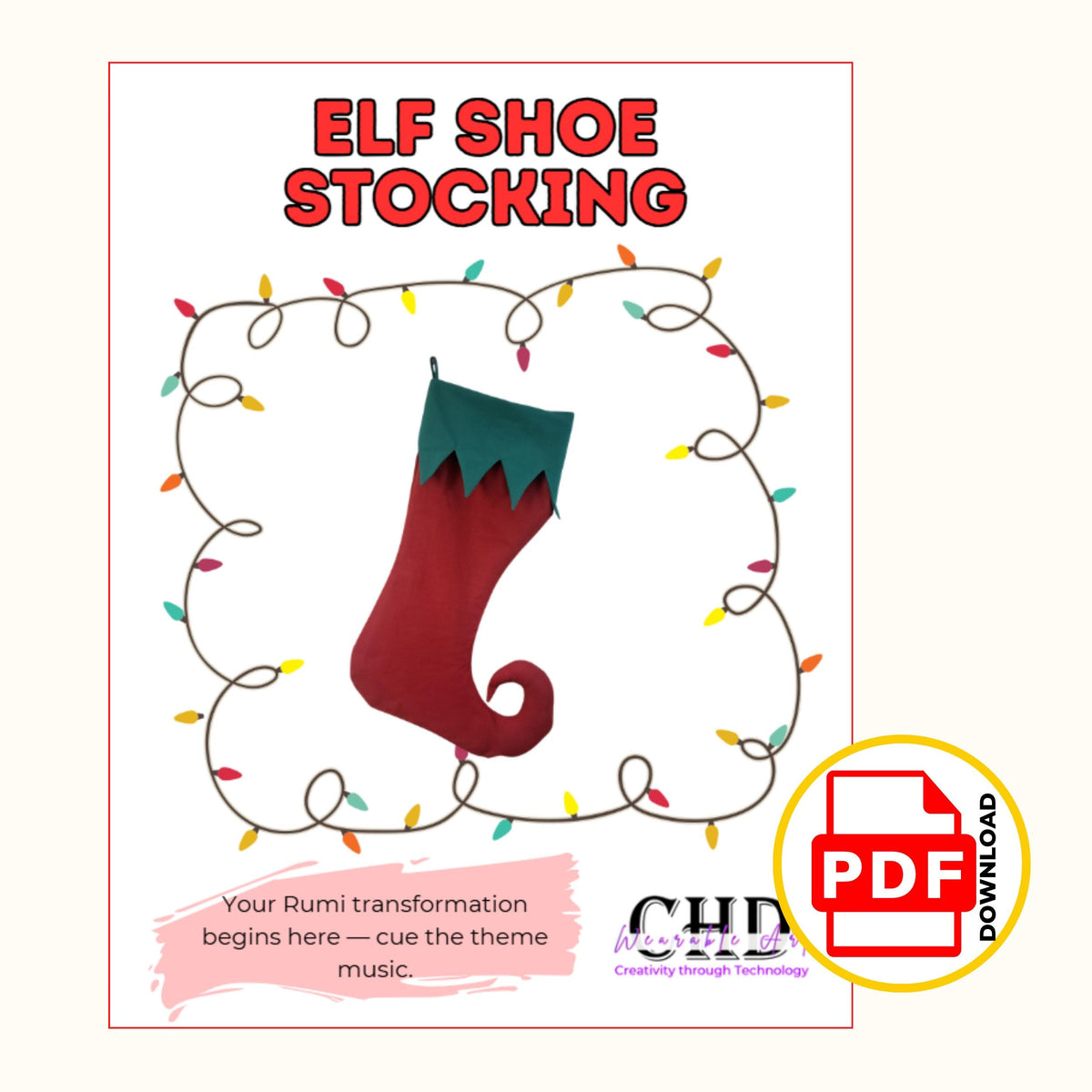 Elf shoe stocking pattern cover page with the red curled toe stocking framed by Christmas lights