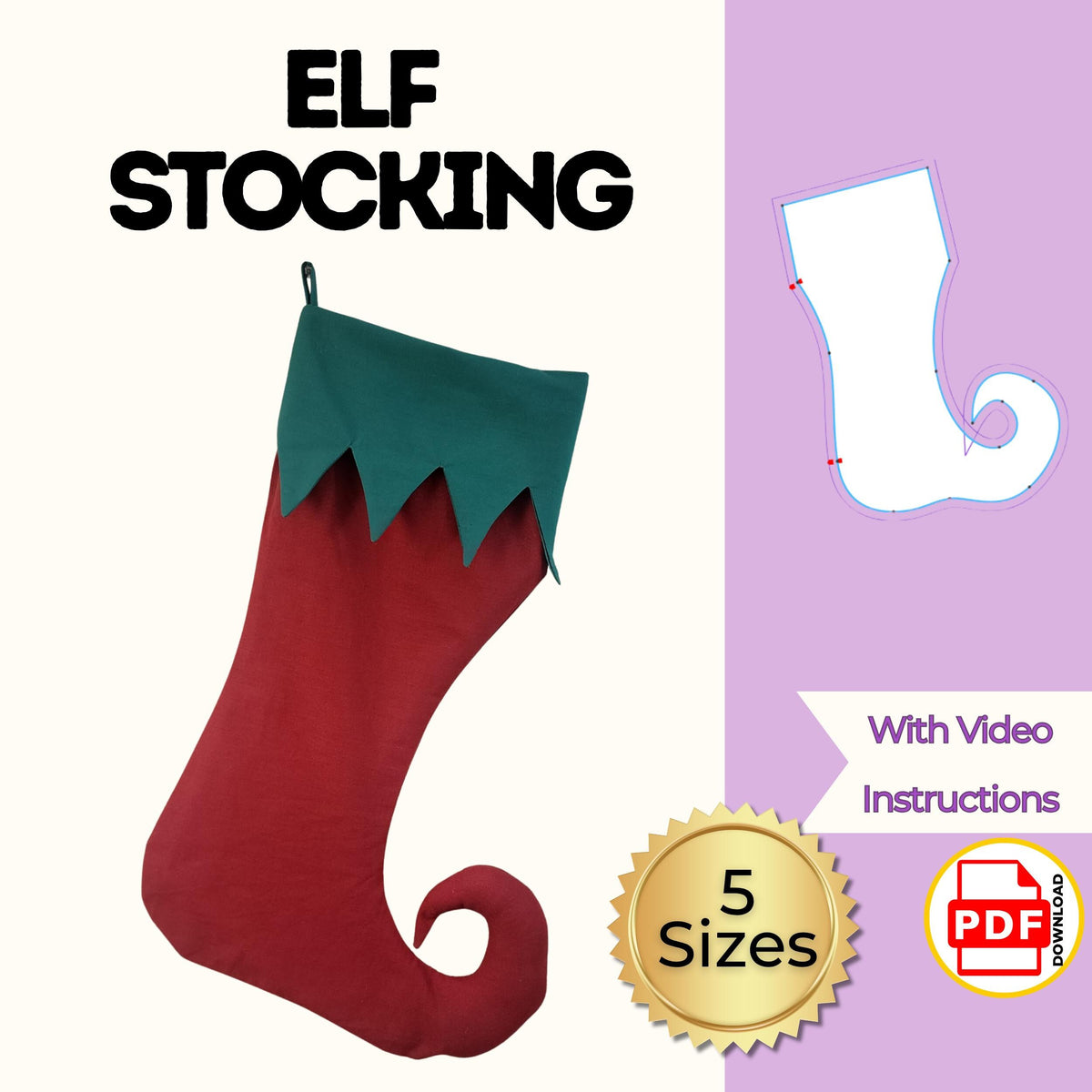 Elf stocking sewing pattern cover with a red curled toe boot stocking and green pointed cuff, 5 sizes, video instructions, PDF download