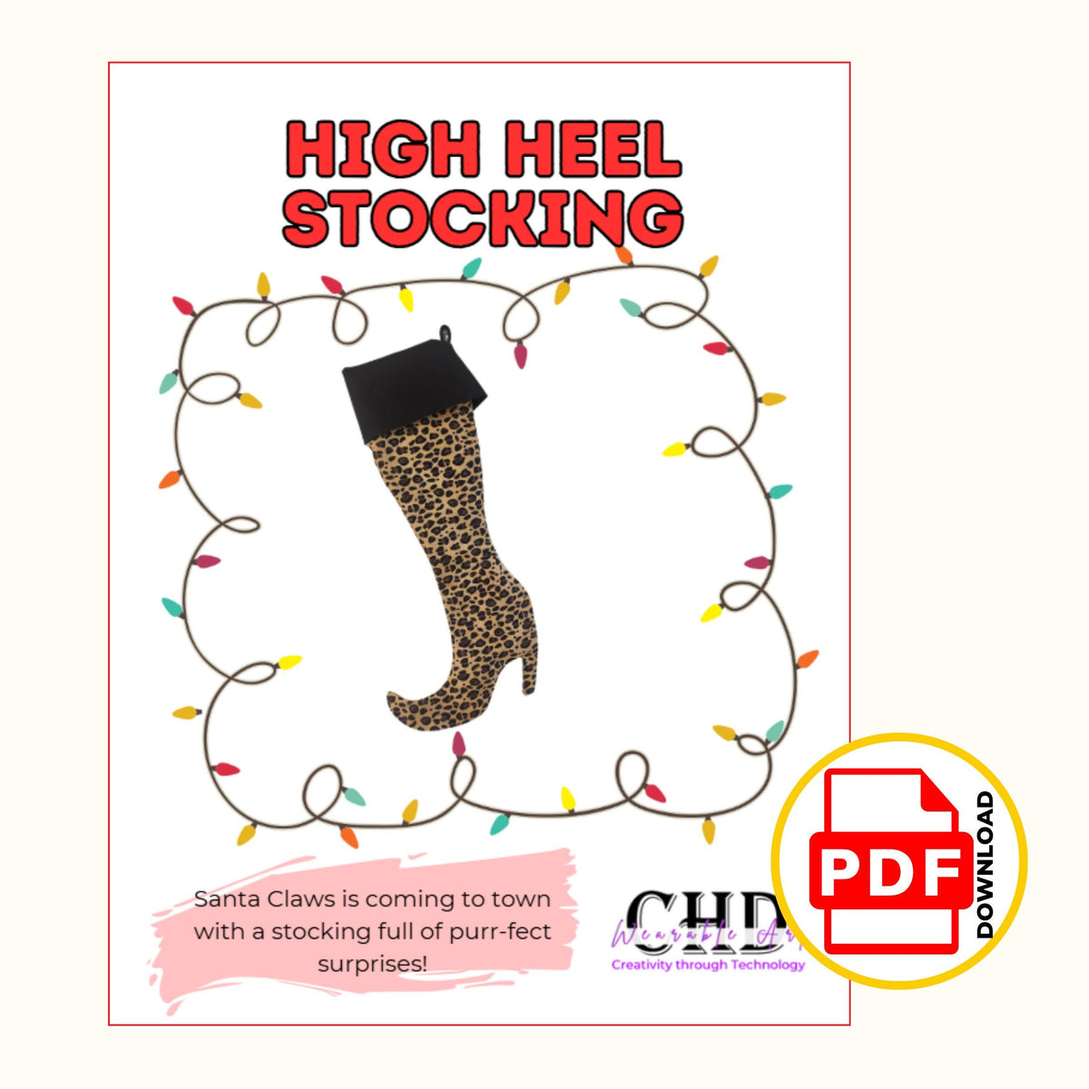 High heel stocking pattern cover page with the leopard boot stocking framed by Christmas lights